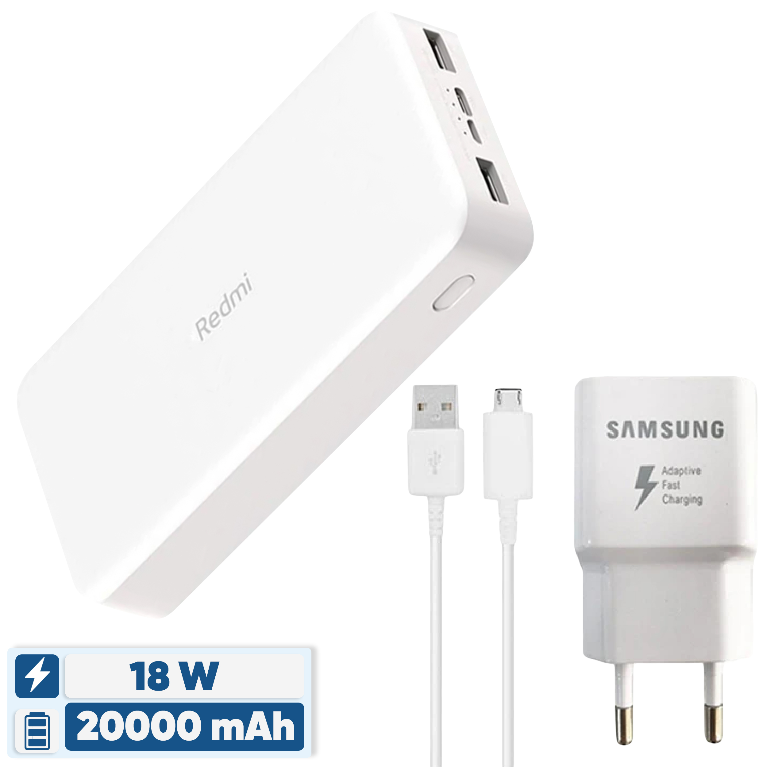 پاوربانک 18 وات شیائومی مدل Redmi PB200LZM ظرفیت 20000 میلی آمپرساعت به همراه شارژر دیواری سامسونگ و کابل تبدیل پاوربانک 18 وات شیائومی مدل Redmi PB200LZM ظرفیت 20000 میلی آمپرساعت به همراه شارژر دیواری سامسونگ و کابل تبدیل